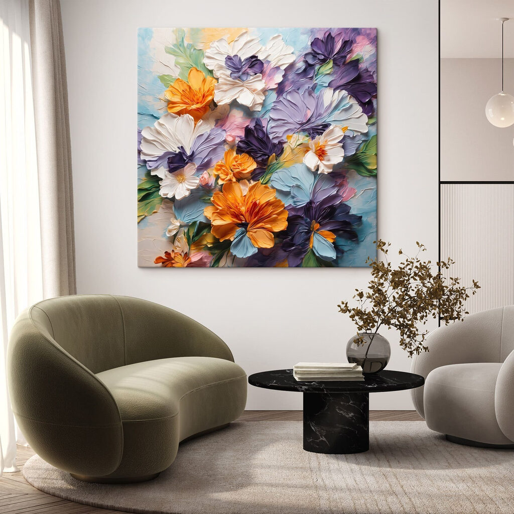 Painting of flowers on a blue surface