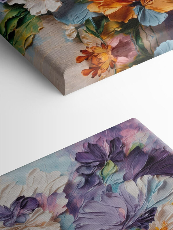 Painting of flowers on a blue surface
