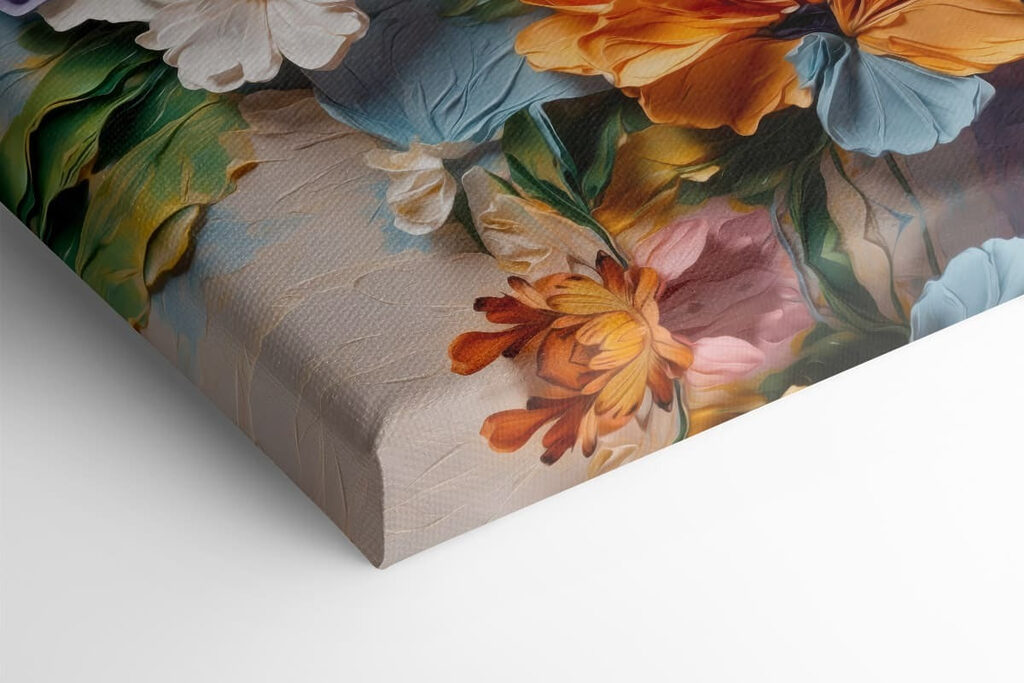 Painting of flowers on a blue surface