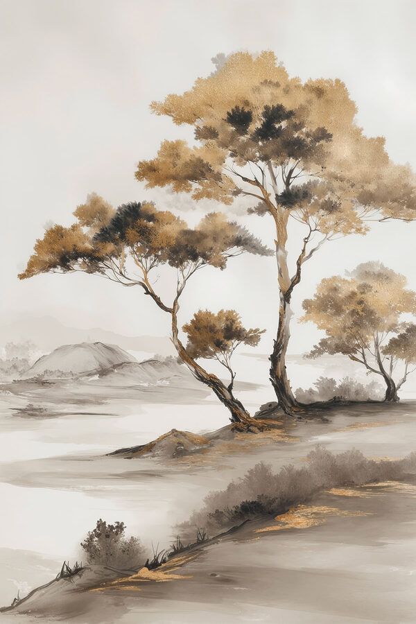 Painting of trees in a desert Painting of trees in a desert