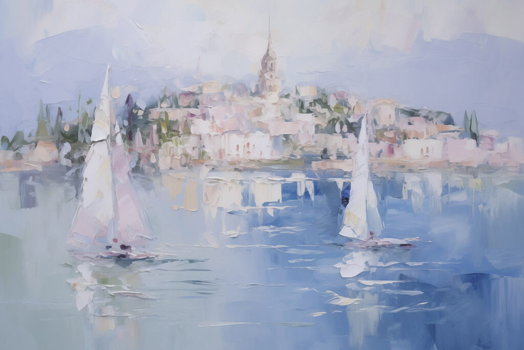 Painting of sailboats on water with a city in the background