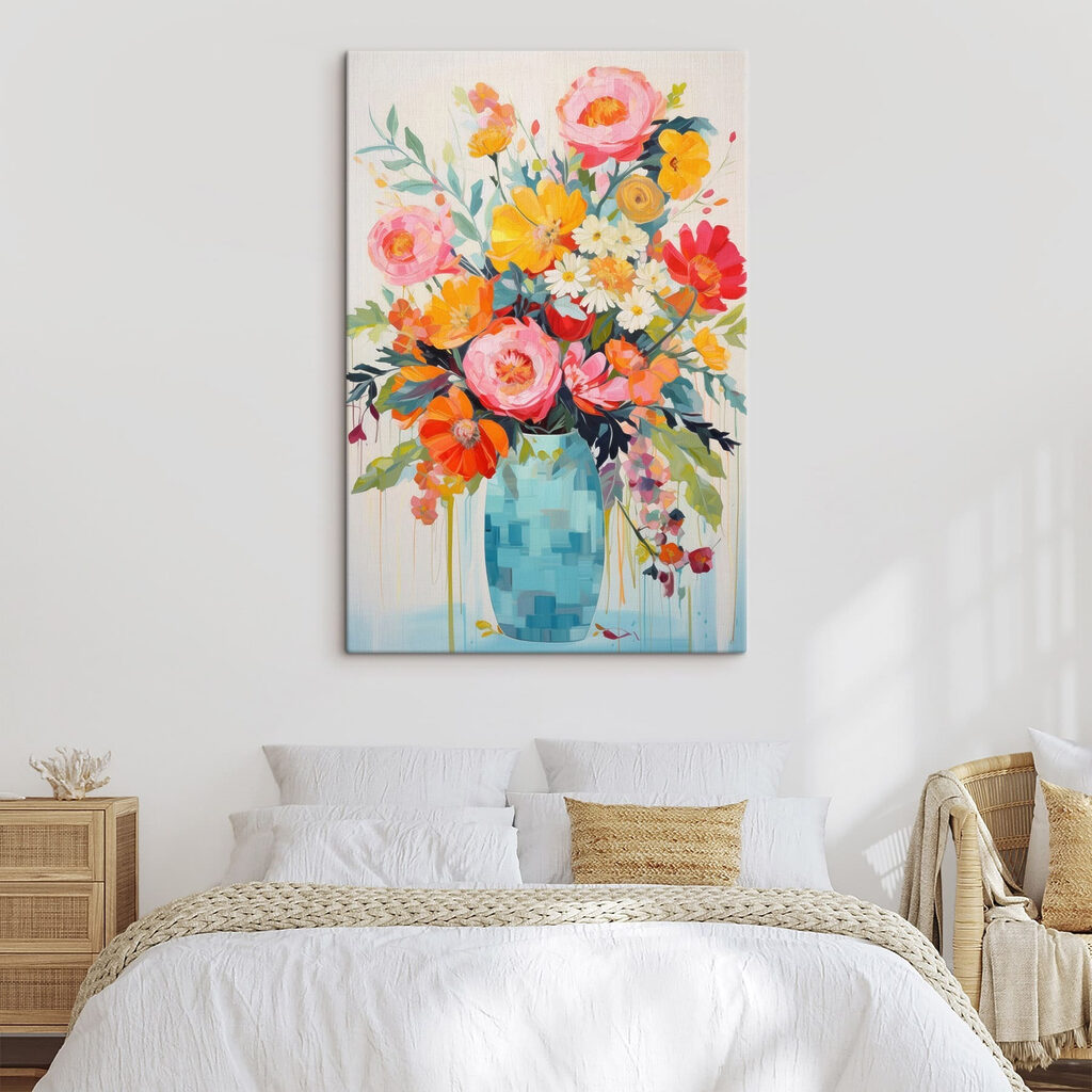 Painting of flowers in a blue vase