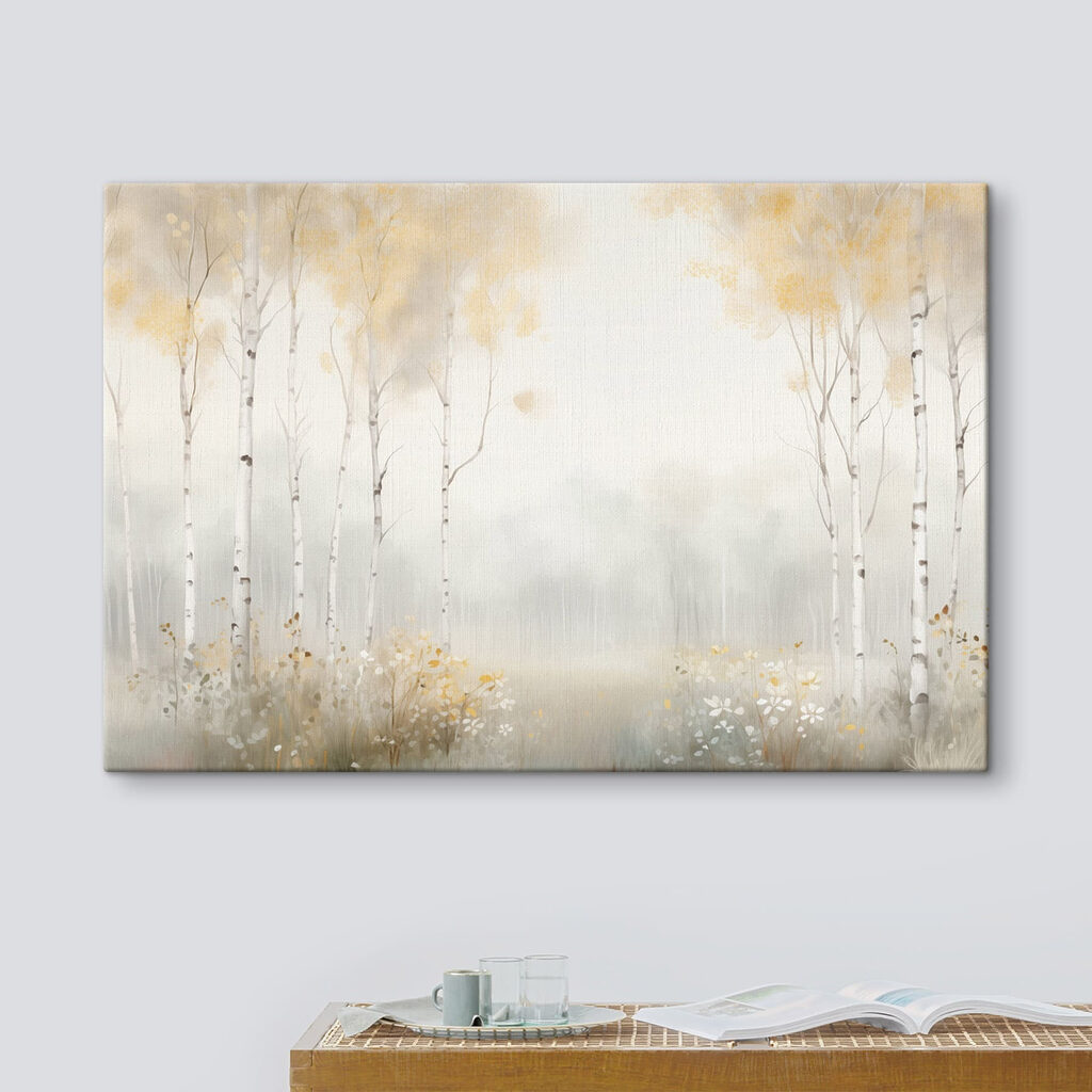 Painting of a forest with trees and flowers