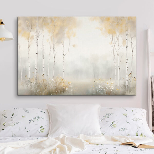 Painting of a forest with trees and flowers