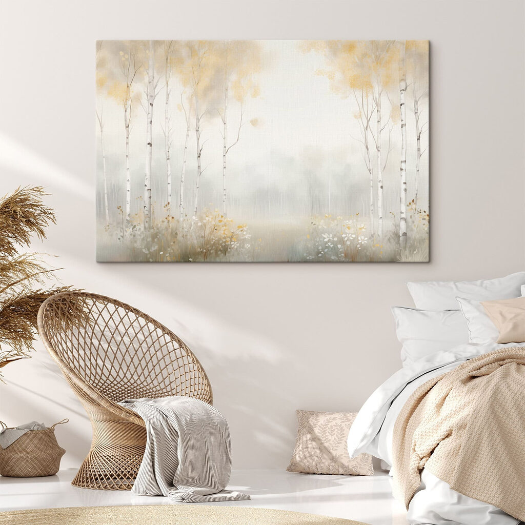 Painting of a forest with trees and flowers