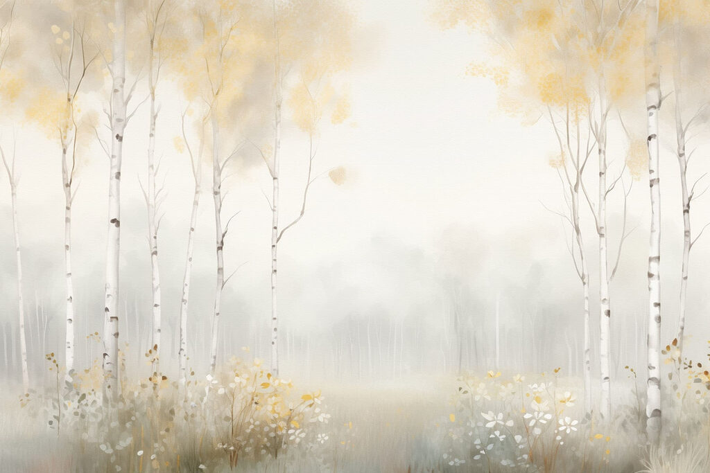 Painting of a forest with trees and flowers