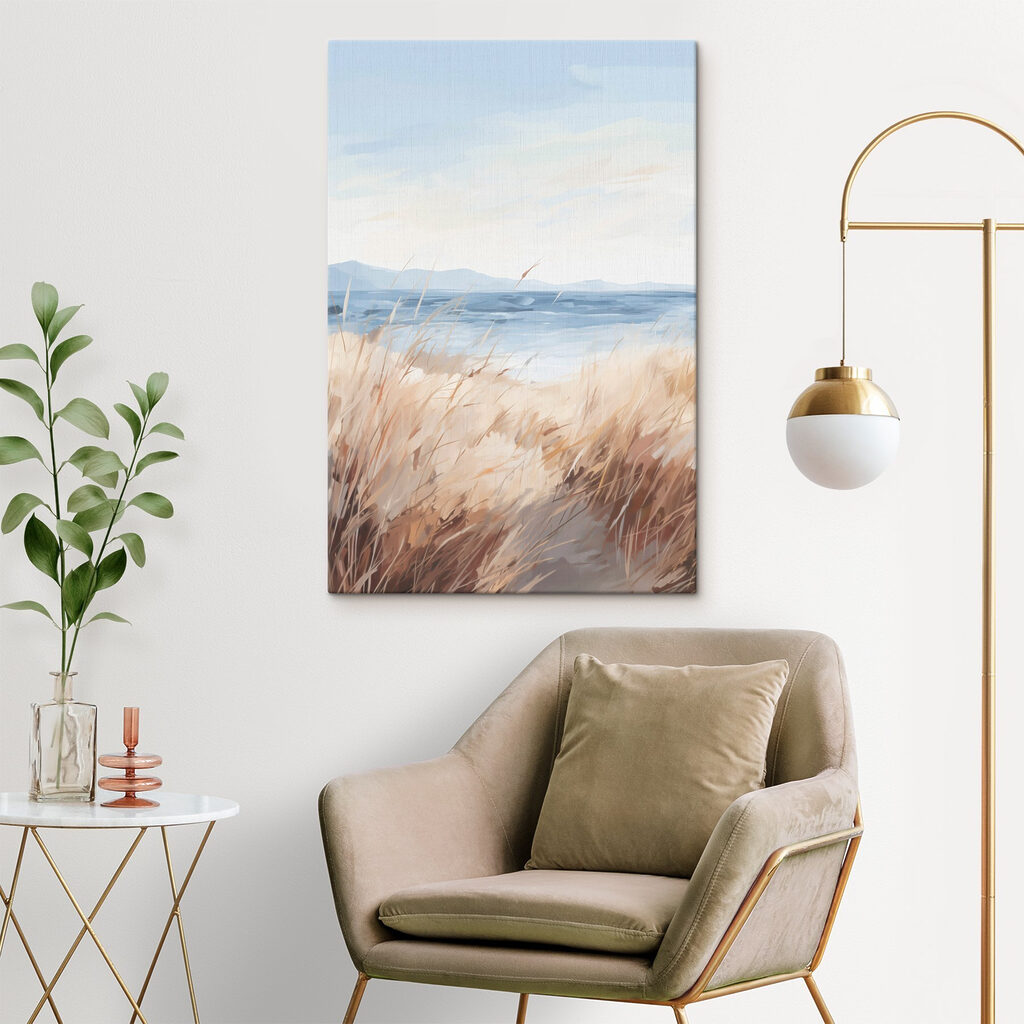 Watercolor painting of a field of grass and a body of water