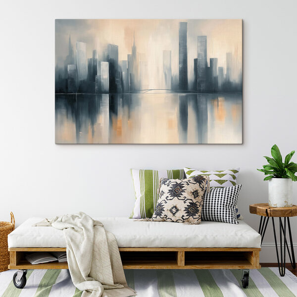 City skyline with tall buildings reflected in water City skyline with tall buildings reflected in water