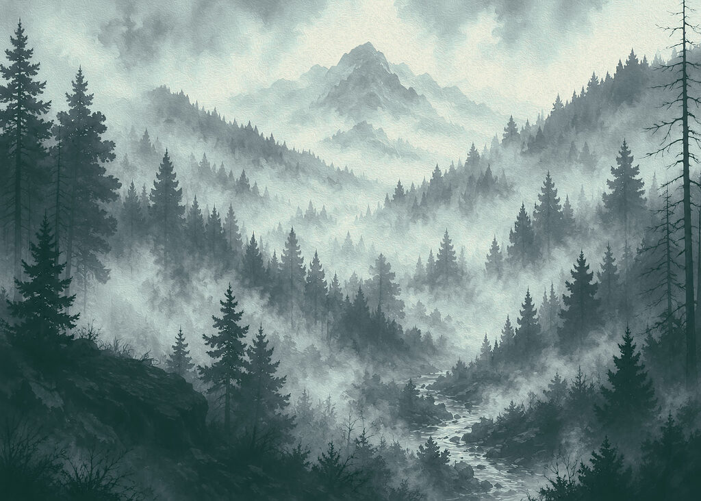 Foggy mountain landscape with trees and a river Foggy mountain landscape with trees and a river