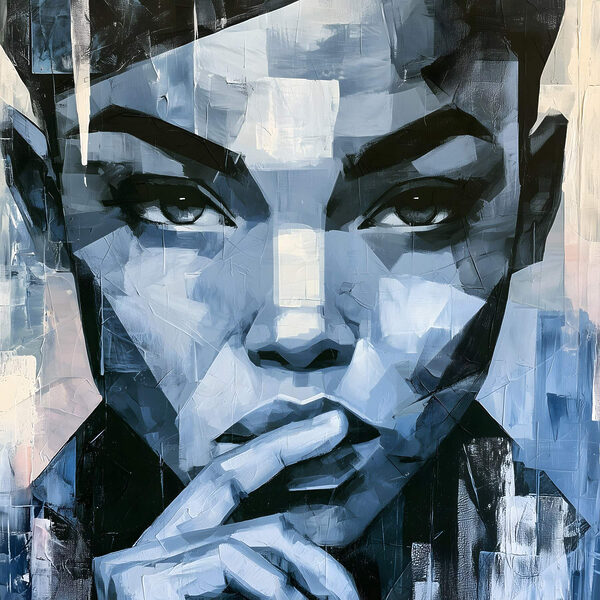 Painting of a woman with her finger on her mouth