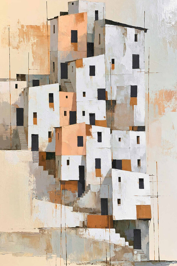 Painting of a group of buildings Painting of a group of buildings