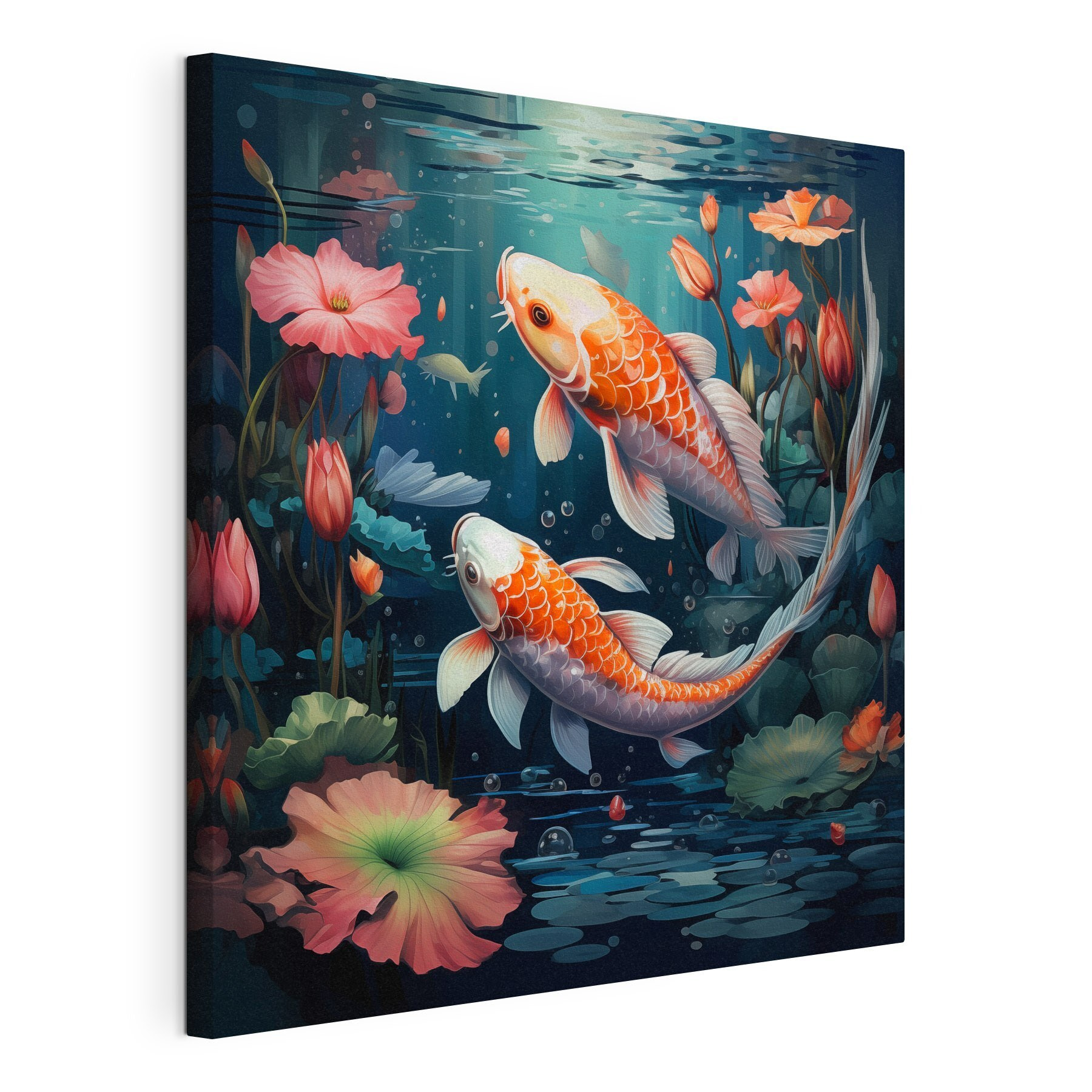 Couple of fish swimming in water with flowers Couple of fish swimming in water with flowers