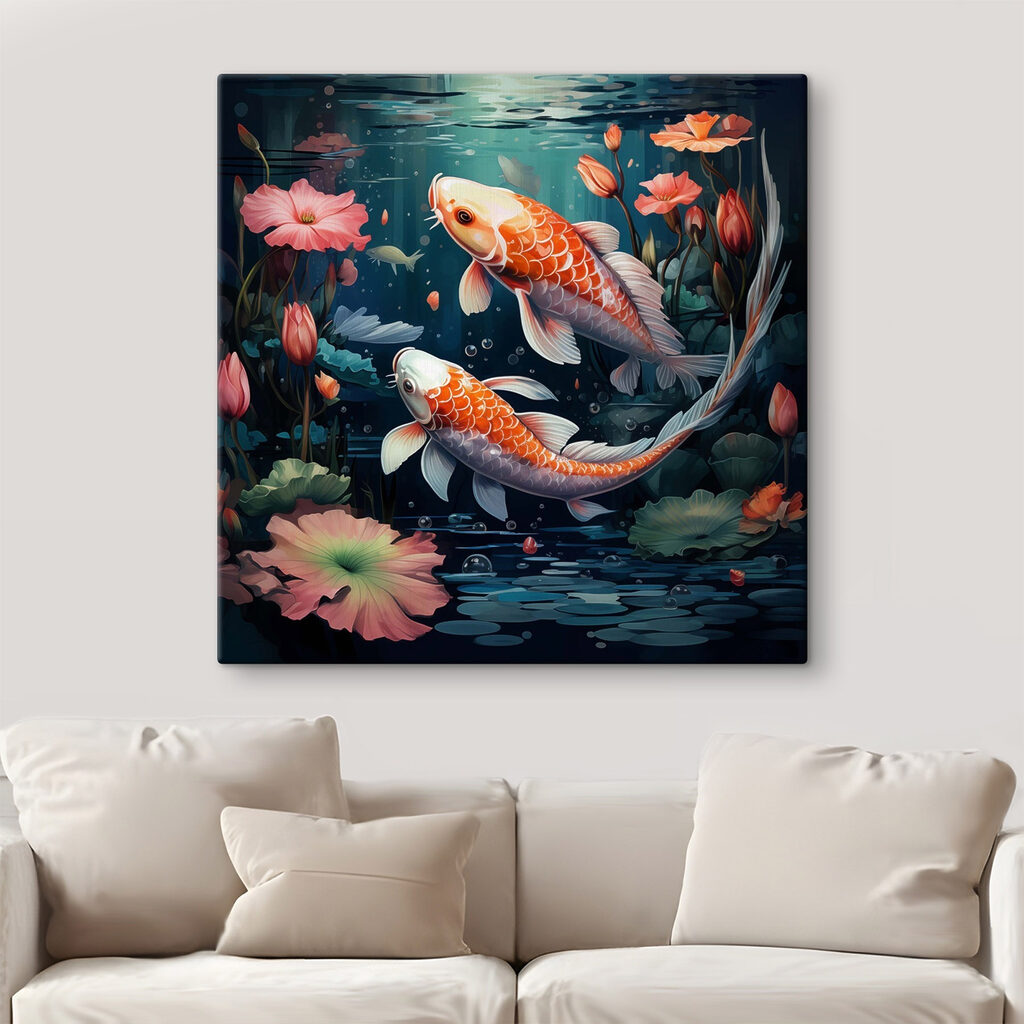 Couple of fish swimming in water with flowers Couple of fish swimming in water with flowers