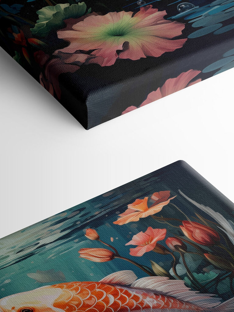 Couple of fish swimming in water with flowers Couple of fish swimming in water with flowers