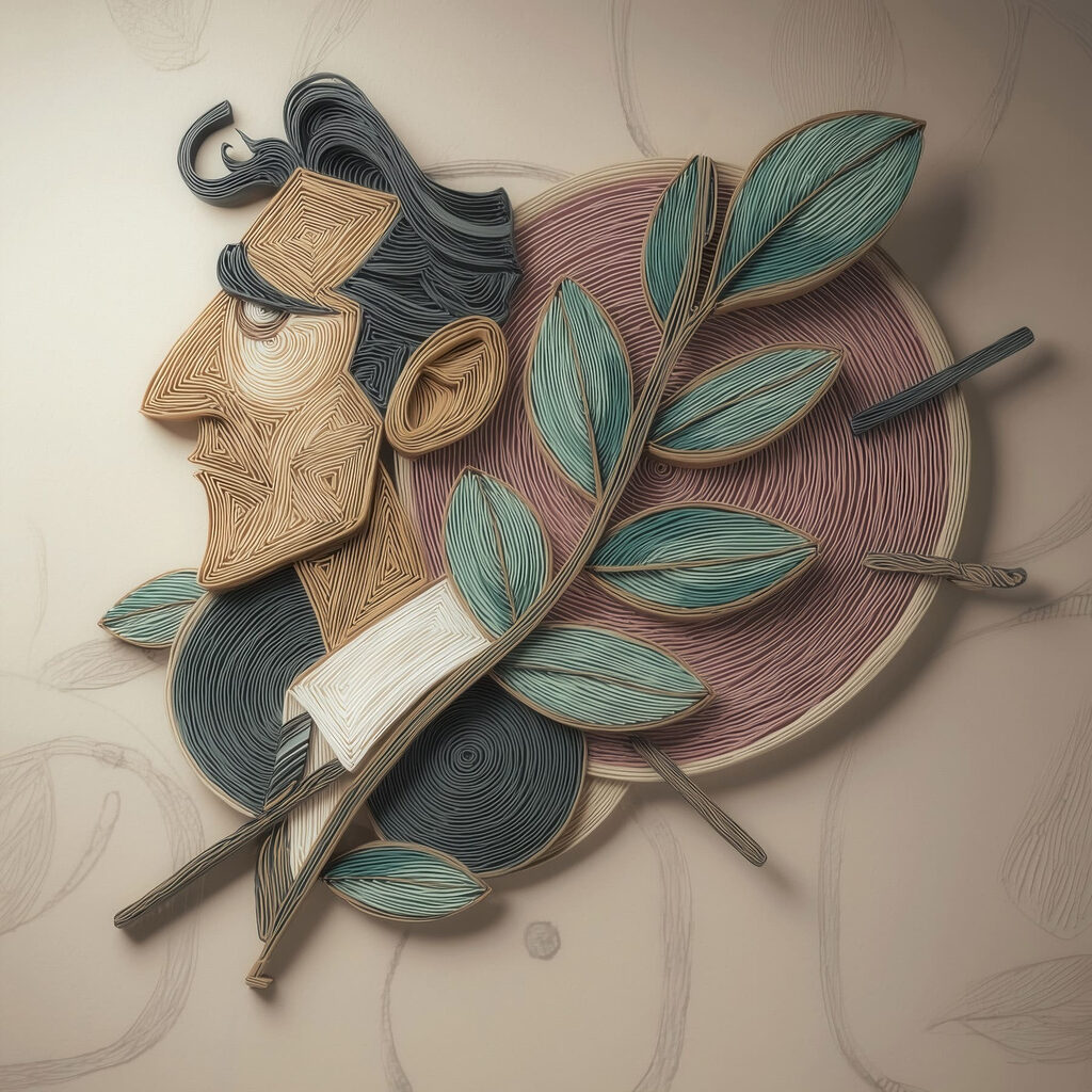 Artwork of a man with leaves on a wall