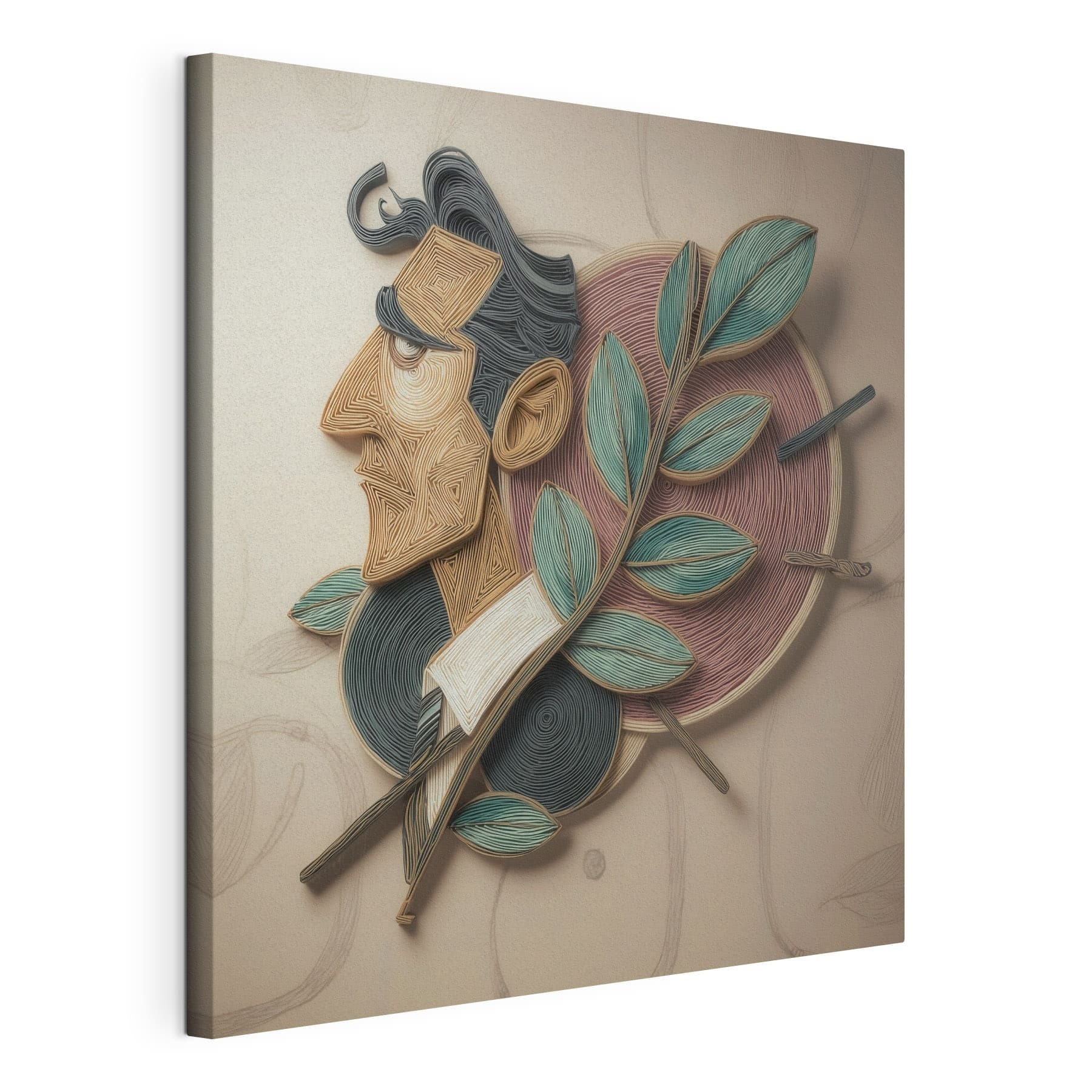 Artwork of a man with leaves on a wall