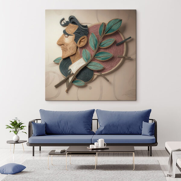 Artwork of a man with leaves on a wall