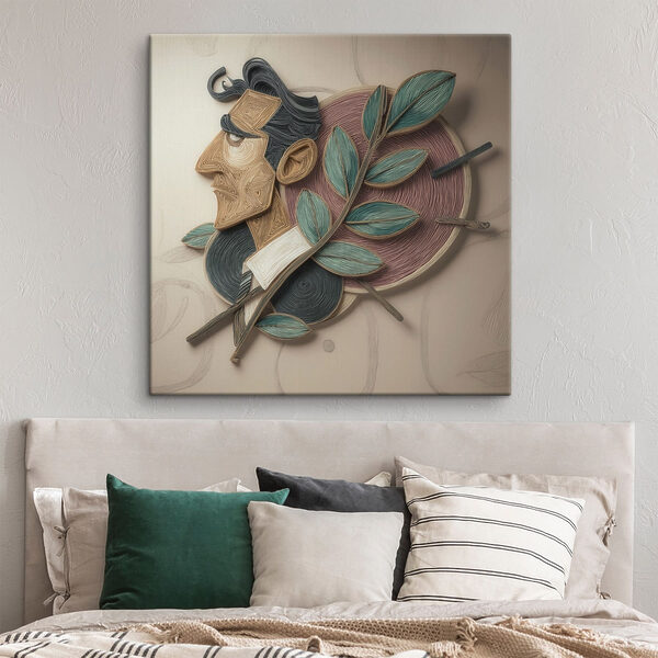 Artwork of a man with leaves on a wall