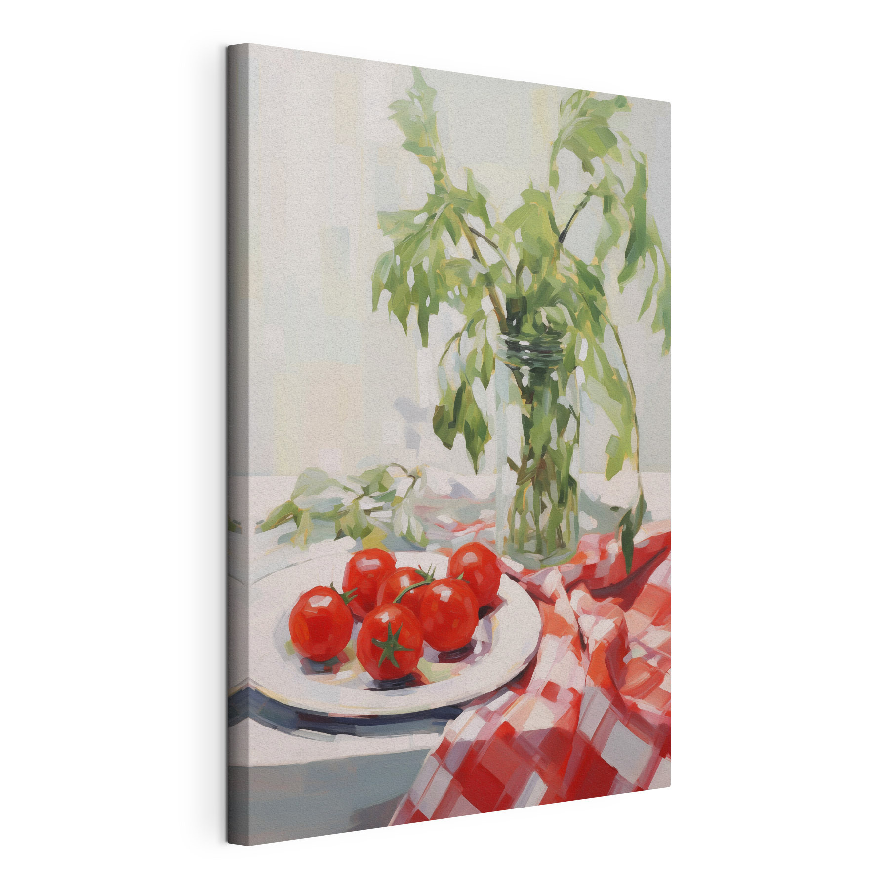 Painting of tomatoes on a plate next to a vase of green leaves