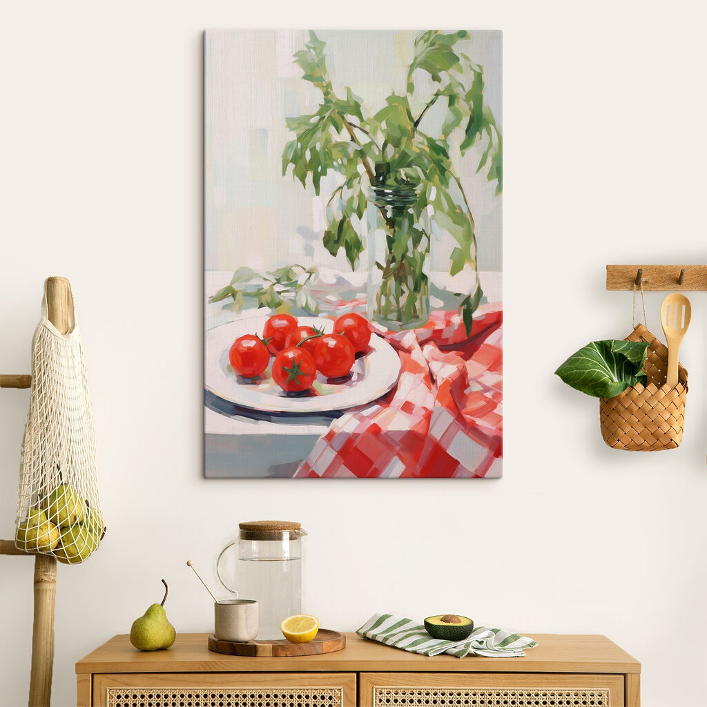 Painting of tomatoes on a plate next to a vase of green leaves