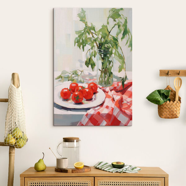 Painting of tomatoes on a plate next to a vase of green leaves