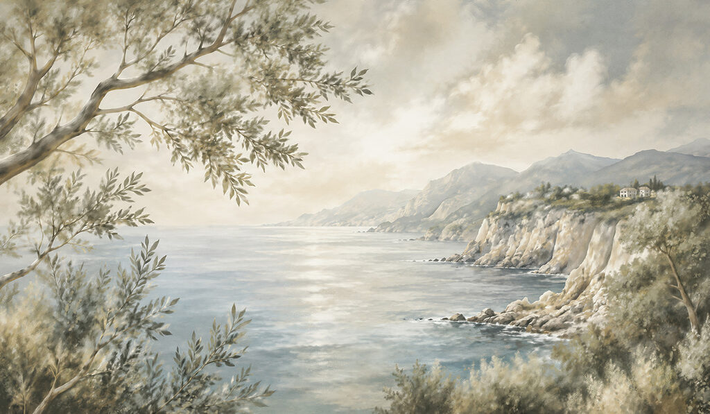 Painting of a body of water and a tree