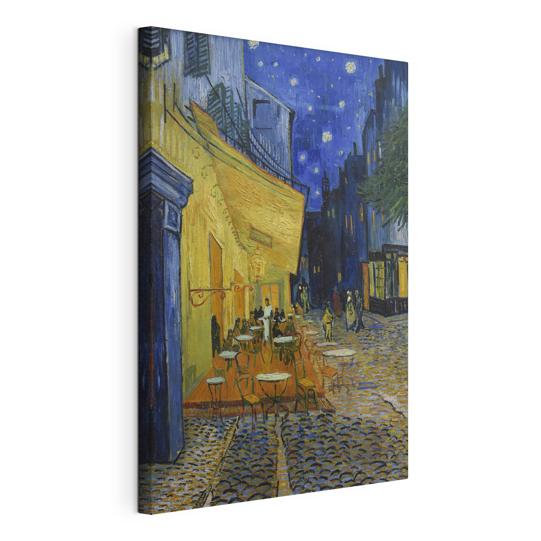 A painting of a street with tables and chairs