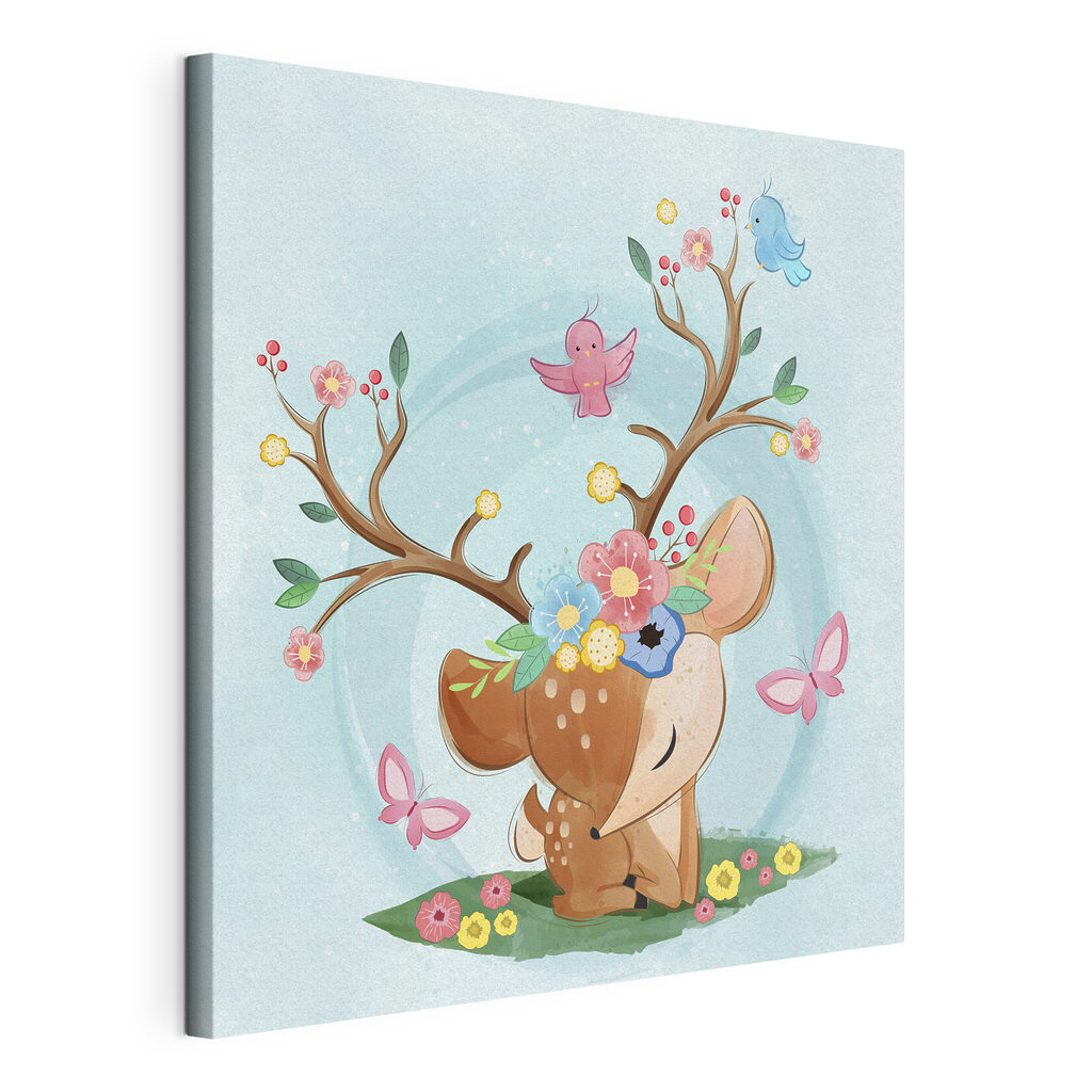 A cartoon deer with flowers and birds