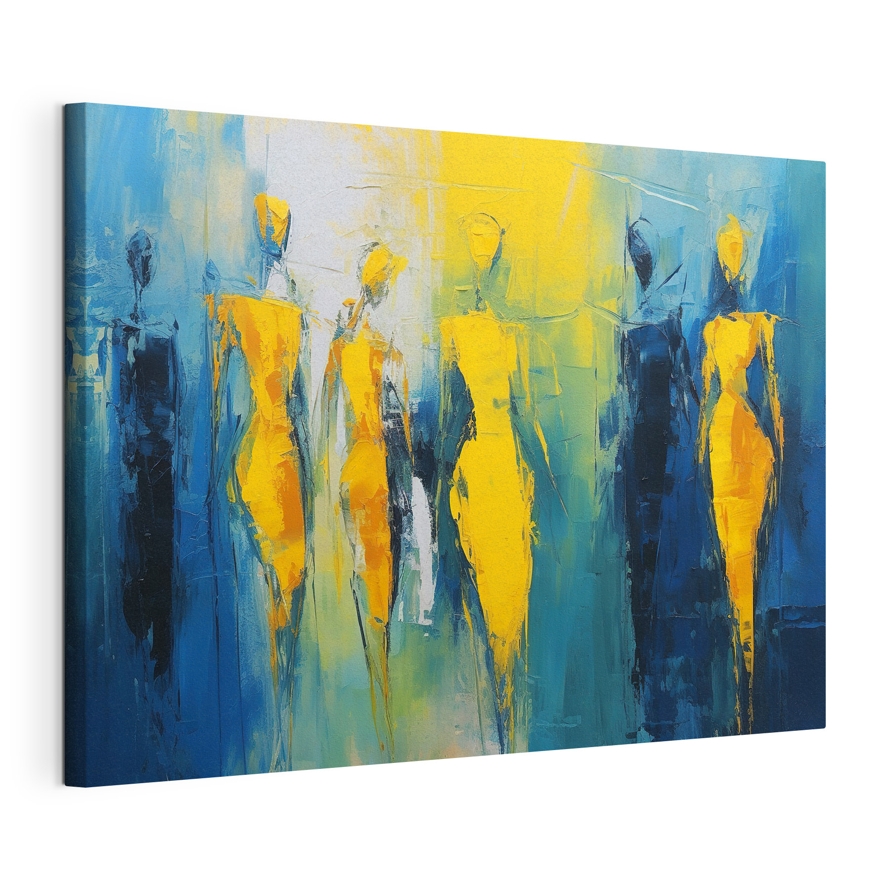 Painting of people in yellow and blue
