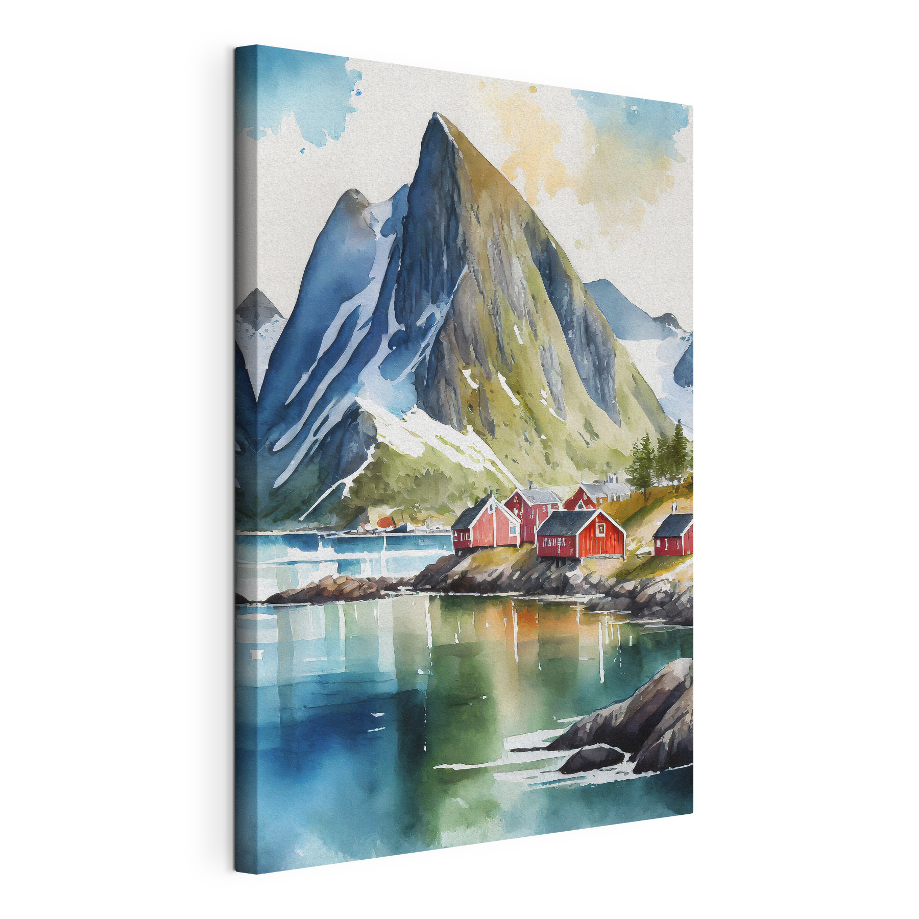 Watercolor painting of a village by a lake and mountains Watercolor painting of a village by a lake and mountains