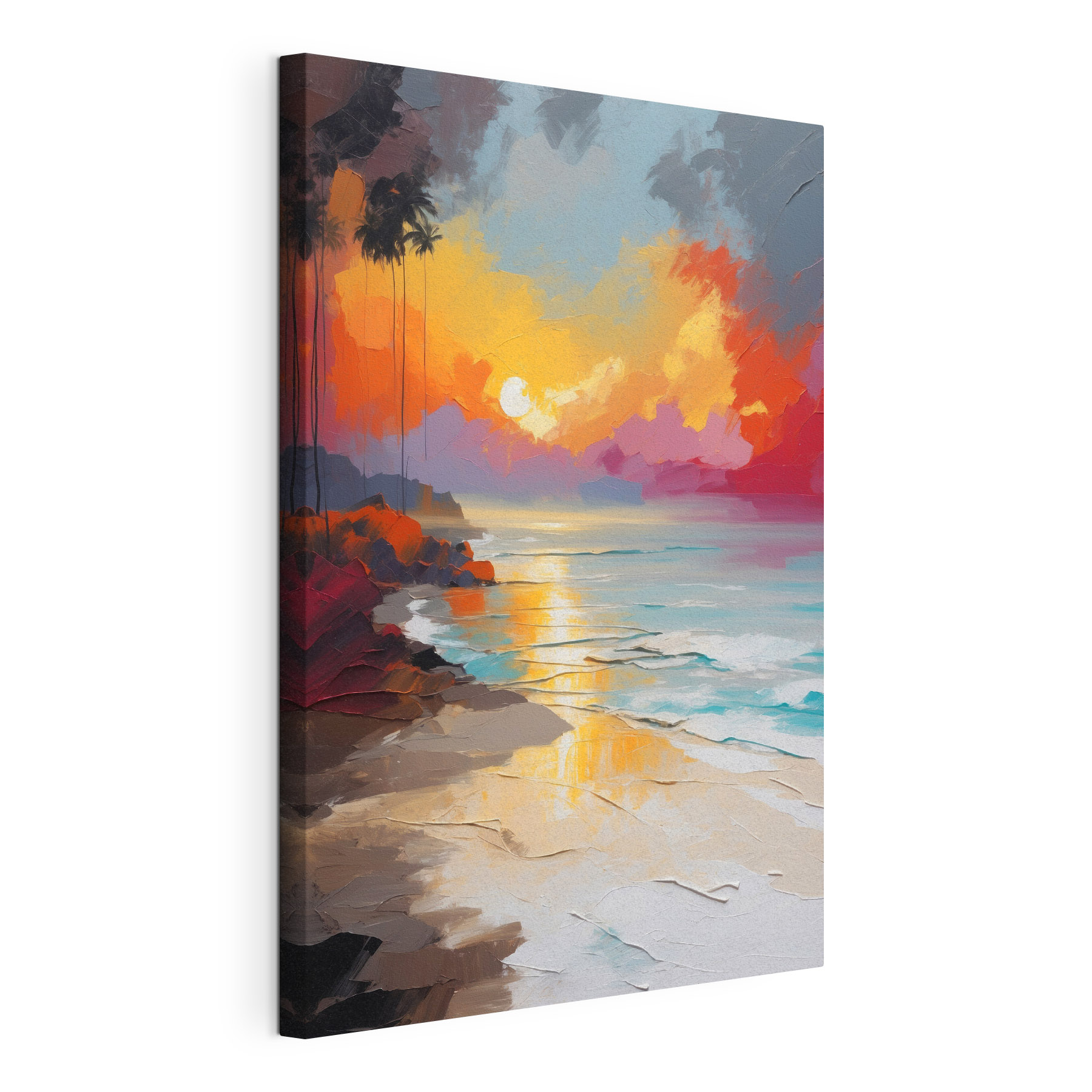 A painting of a beach with palm trees and a sunset A painting of a beach with palm trees and a sunset