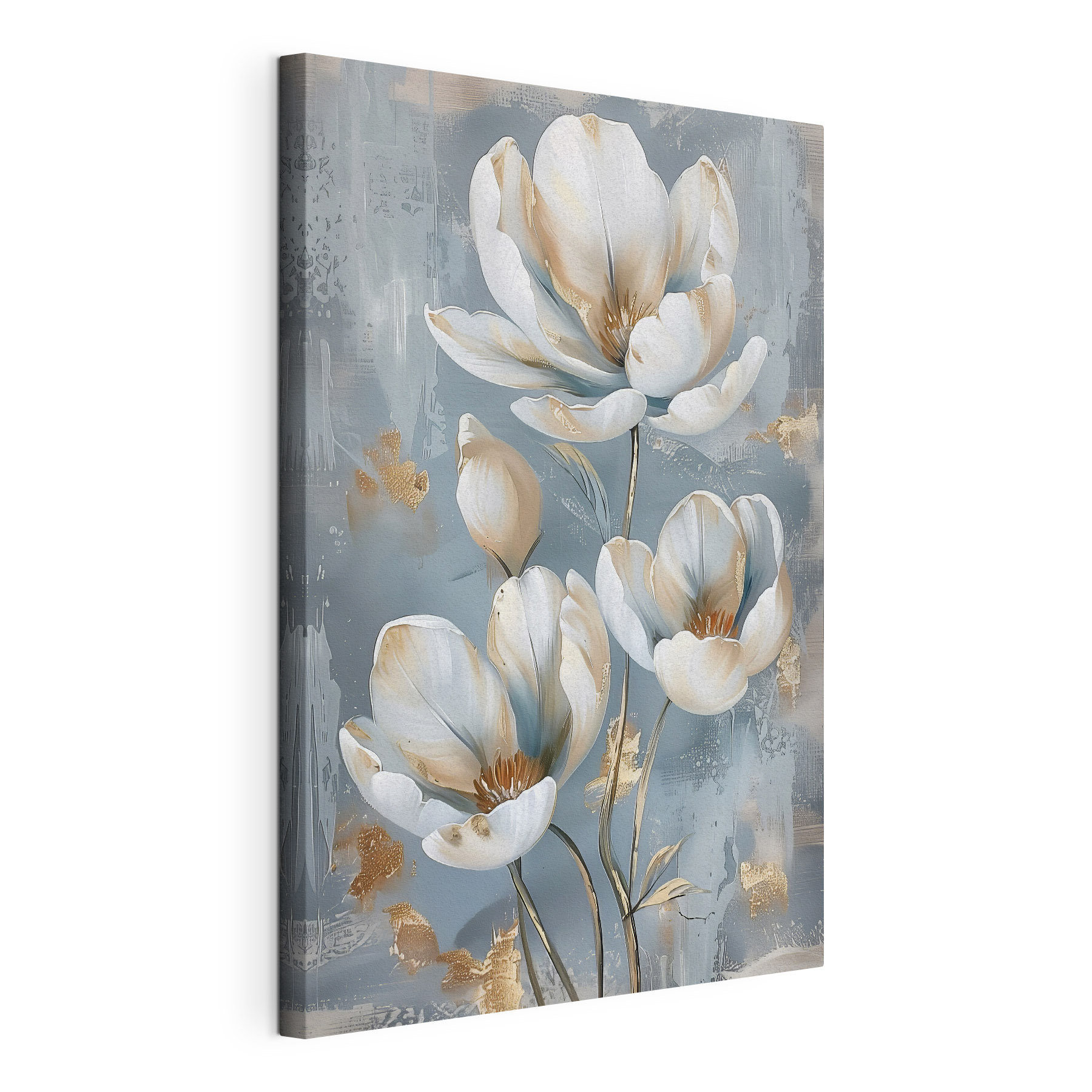 A painting of flowers on a blue background