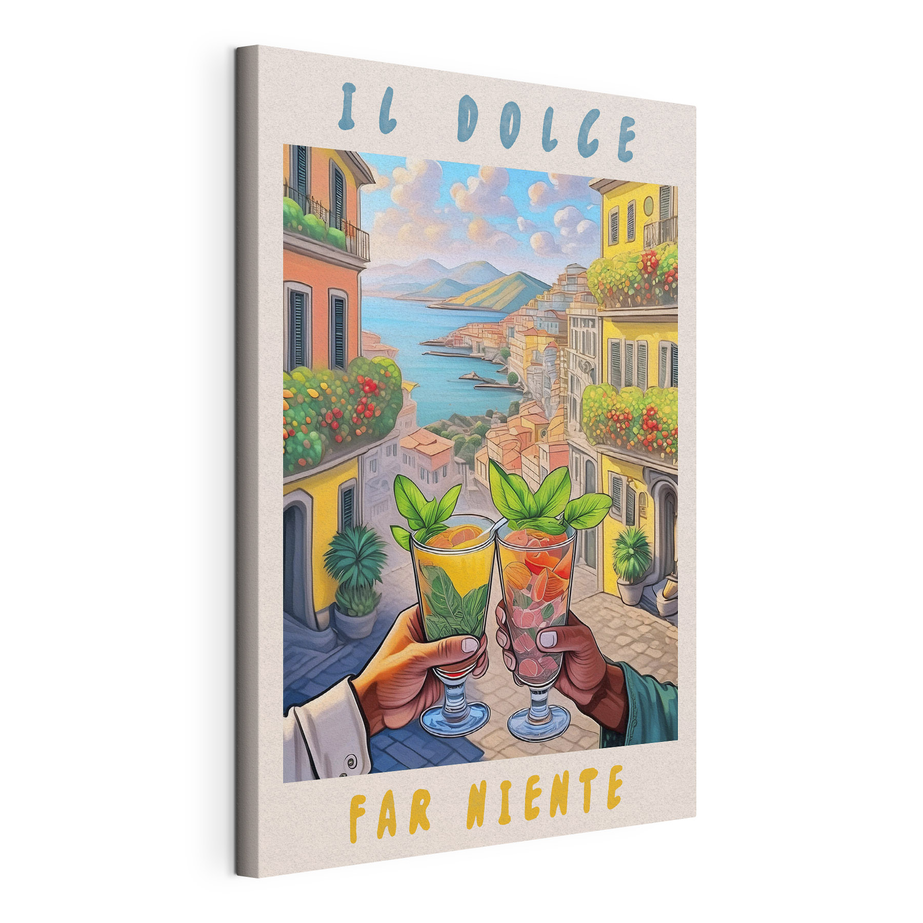 A hand holding glasses with drinks in front of a city A hand holding glasses with drinks in front of a city