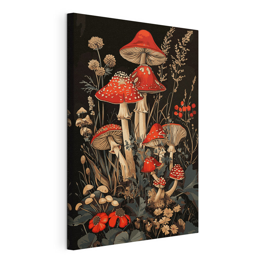 A painting of mushrooms and plants