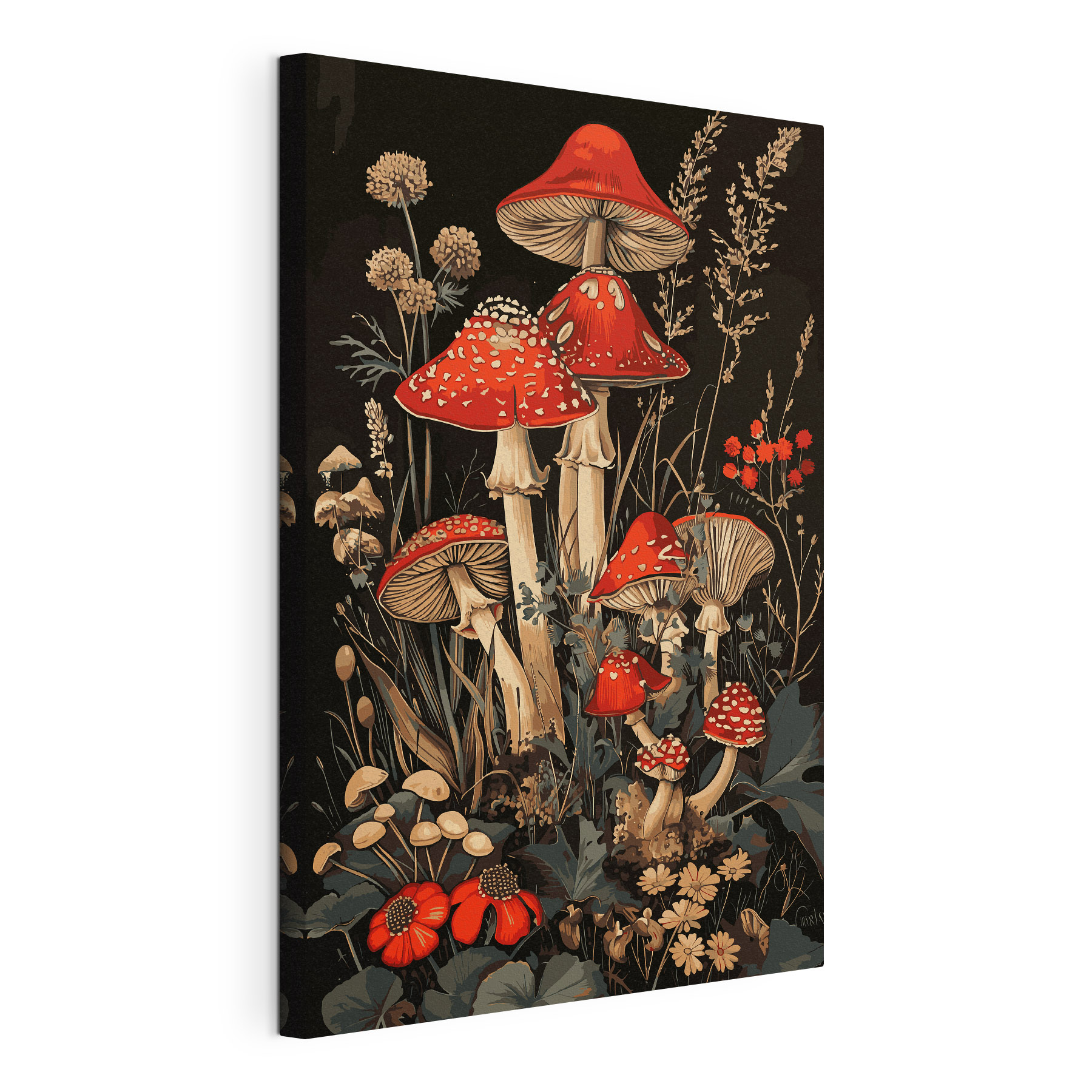 A painting of mushrooms and plants
