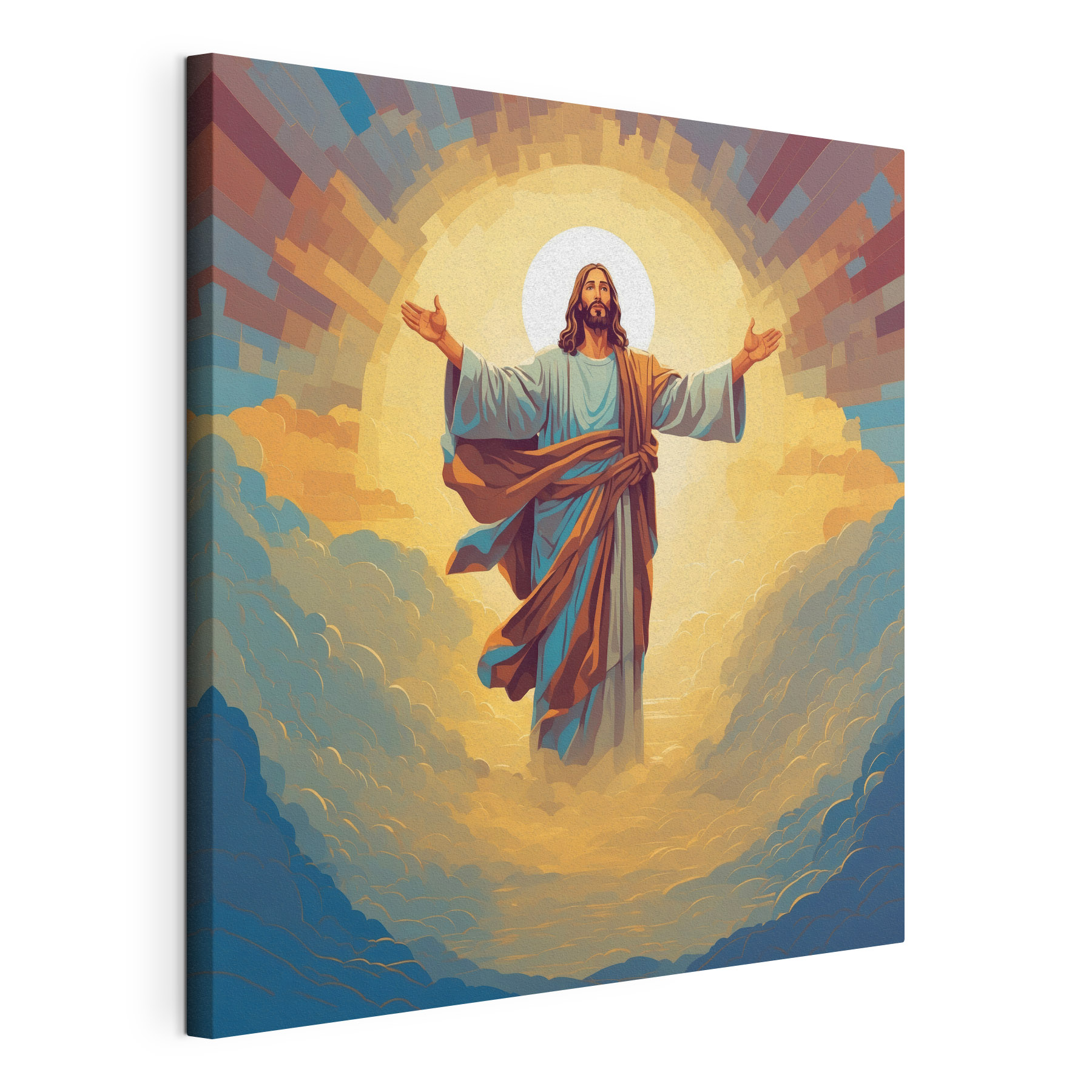 A painting of a man in a robe with his arms out in the air A painting of a man in a robe with his arms out in the air