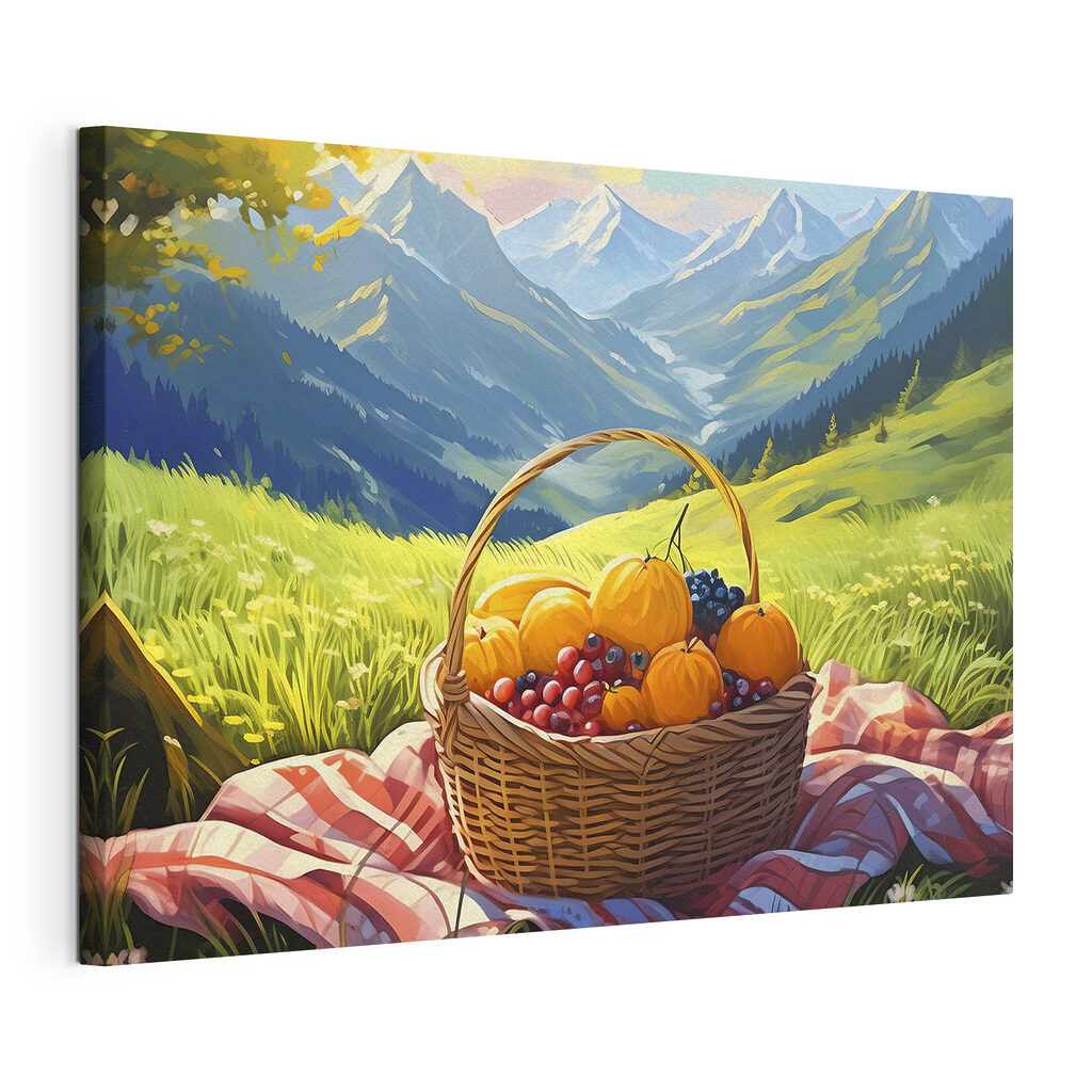 A basket of fruit on a blanket in a grassy field