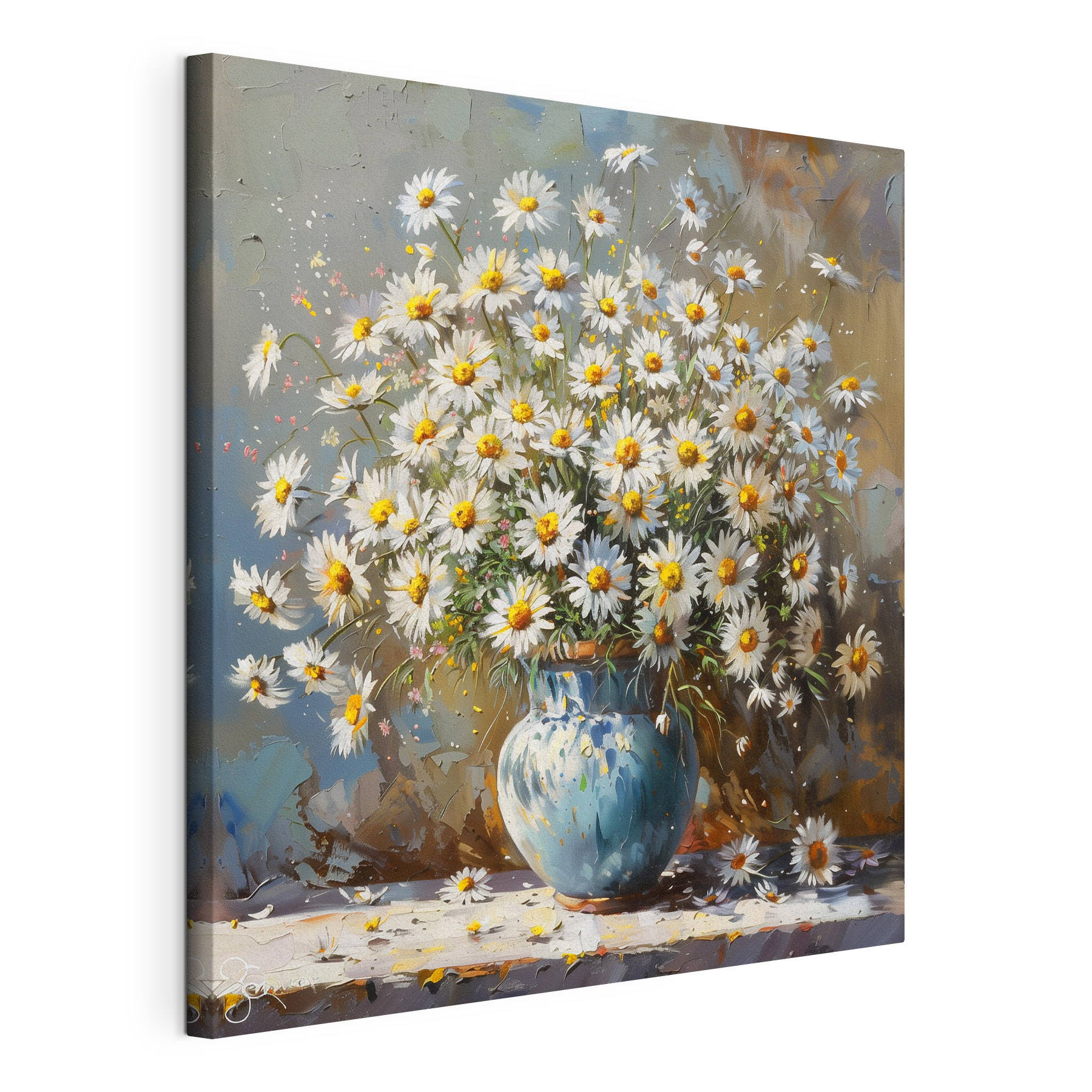 A painting of a vase of daisies A painting of a vase of daisies