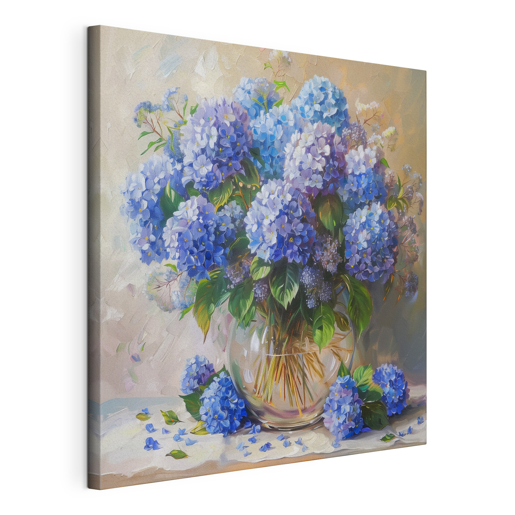 A painting of a vase of blue flowers