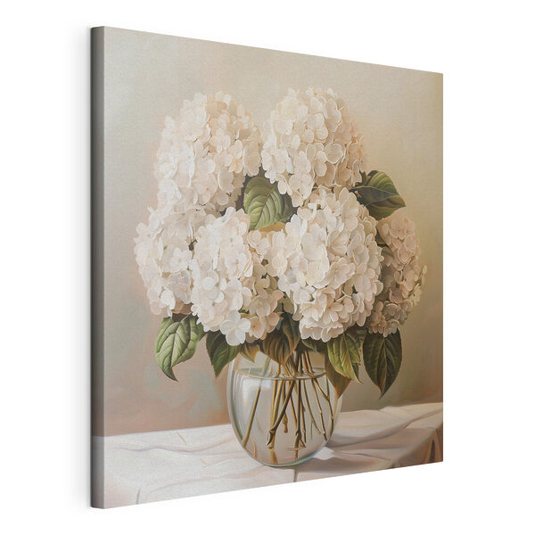 A painting of a bouquet of white flowers in a glass vase A painting of a bouquet of white flowers in a glass vase