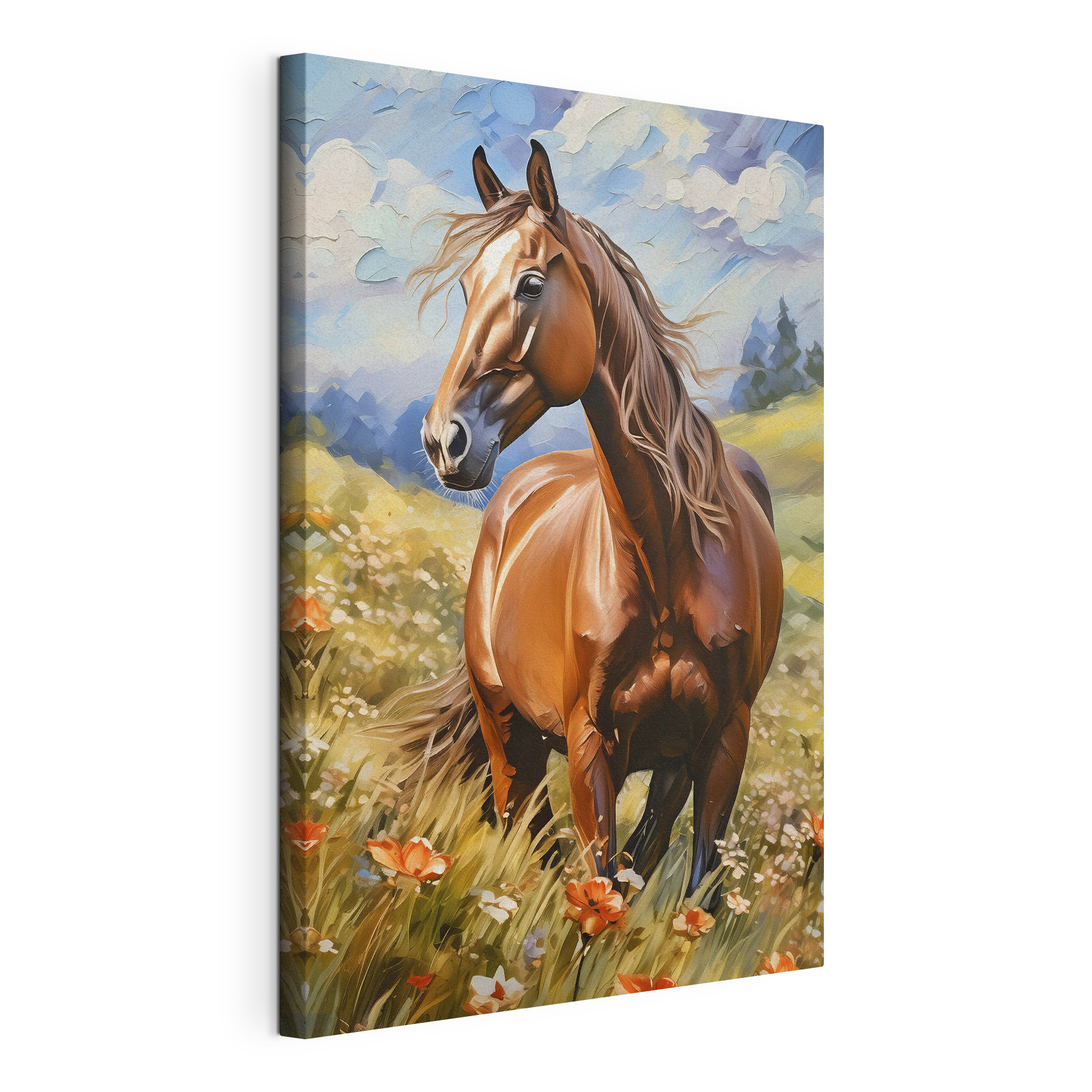 A horse in a field of flowers