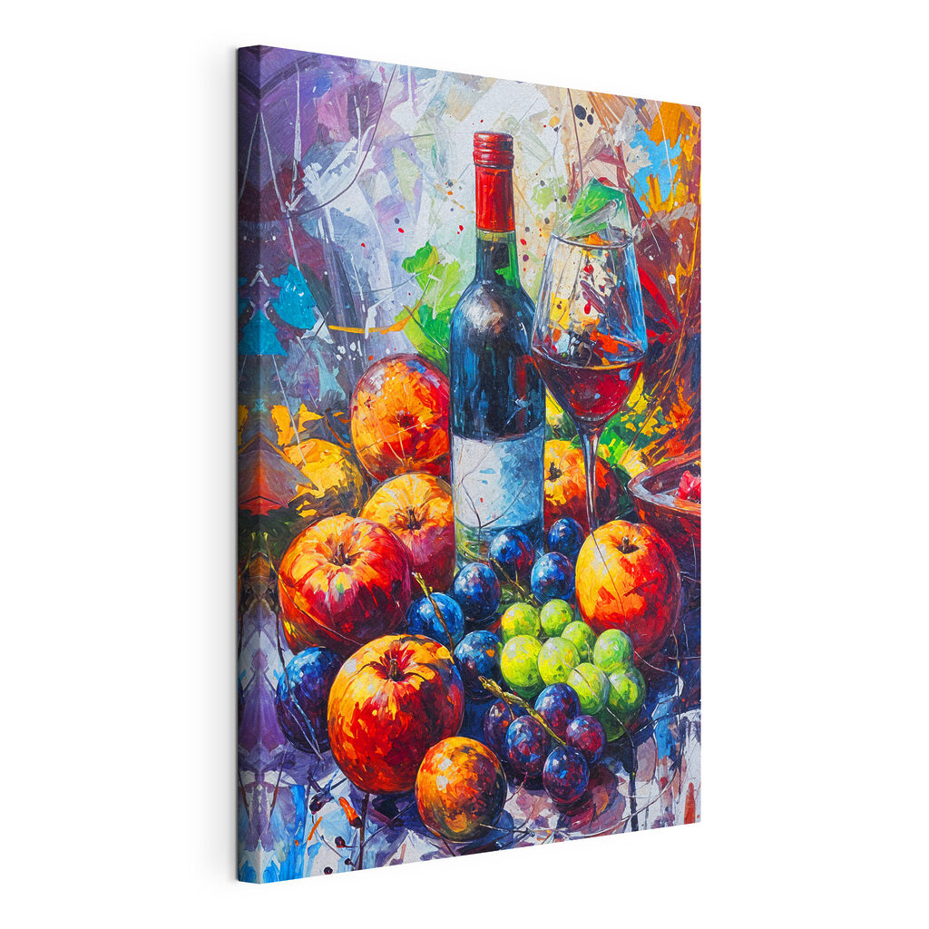 A painting of a wine bottle and fruit