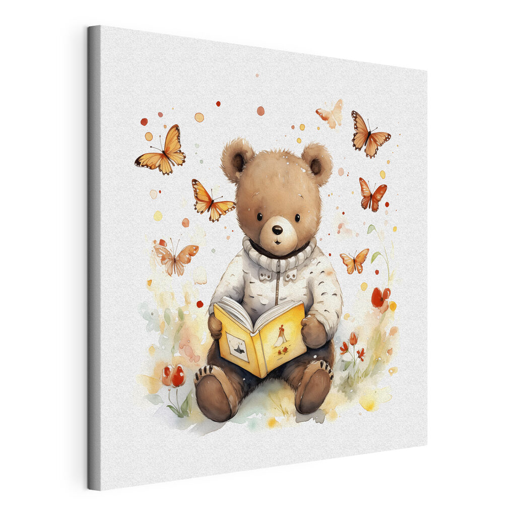 A teddy bear reading a book with butterflies flying around