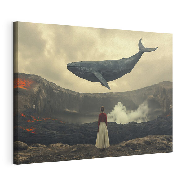Woman looking at a whale flying over a volcano Woman looking at a whale flying over a volcano