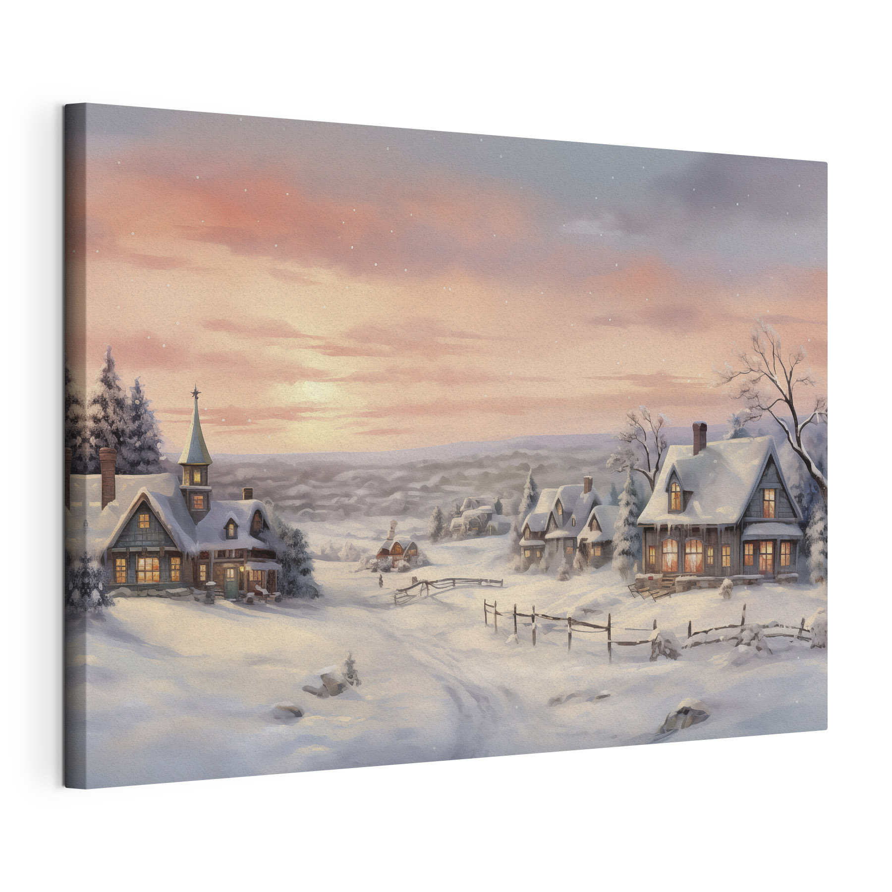 Snow covered village with houses and a fence Snow covered village with houses and a fence