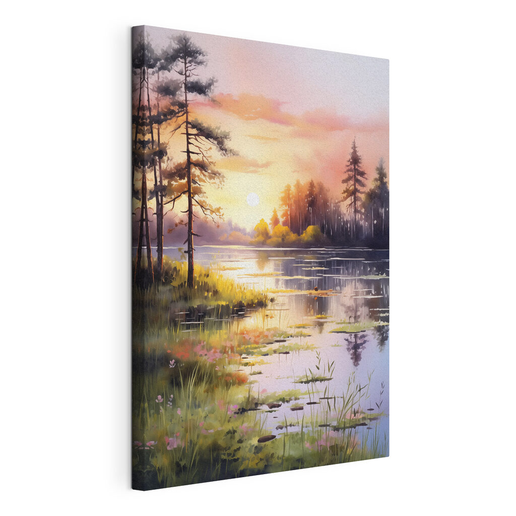 Watercolor painting of a lake with trees and grass