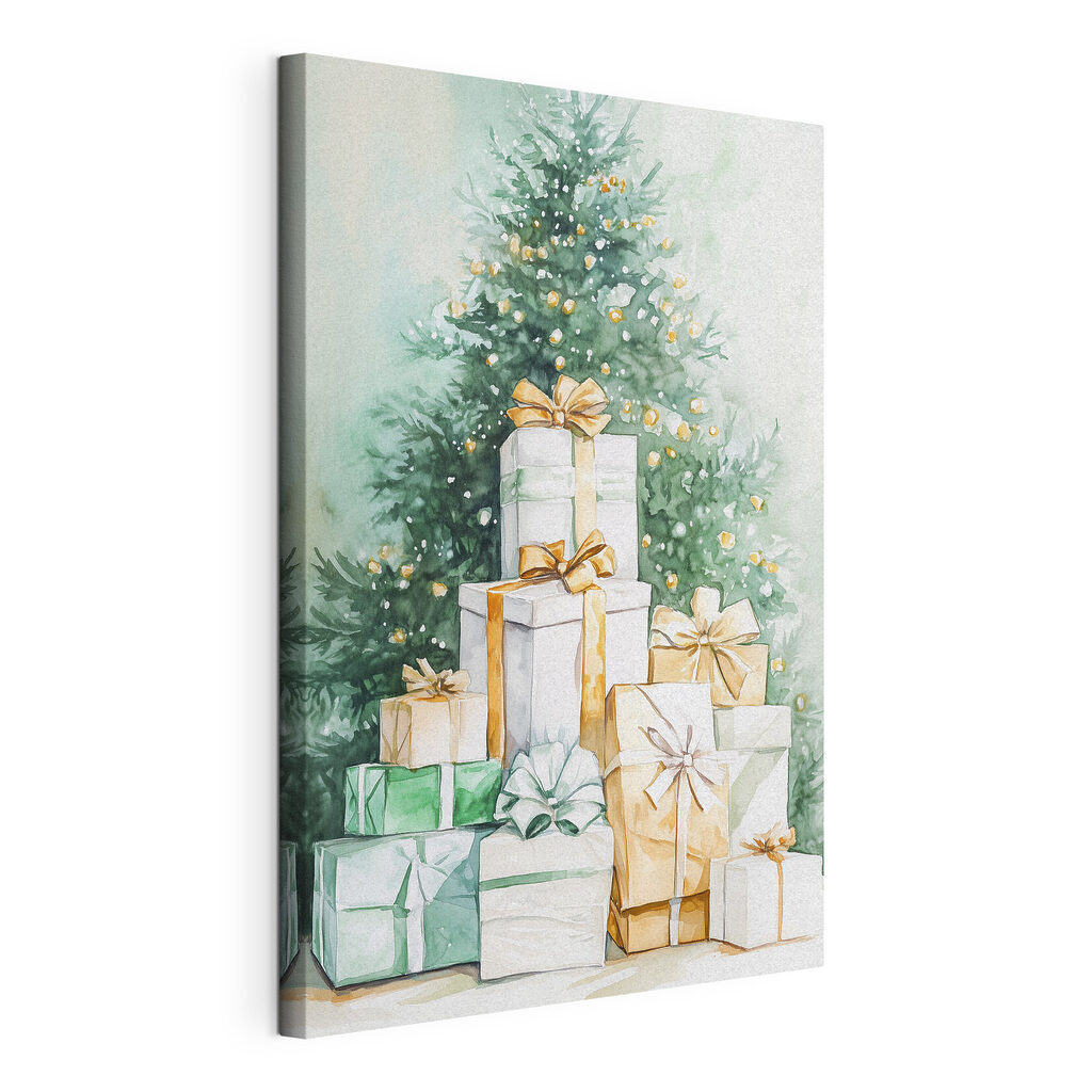 Watercolor of presents under a tree