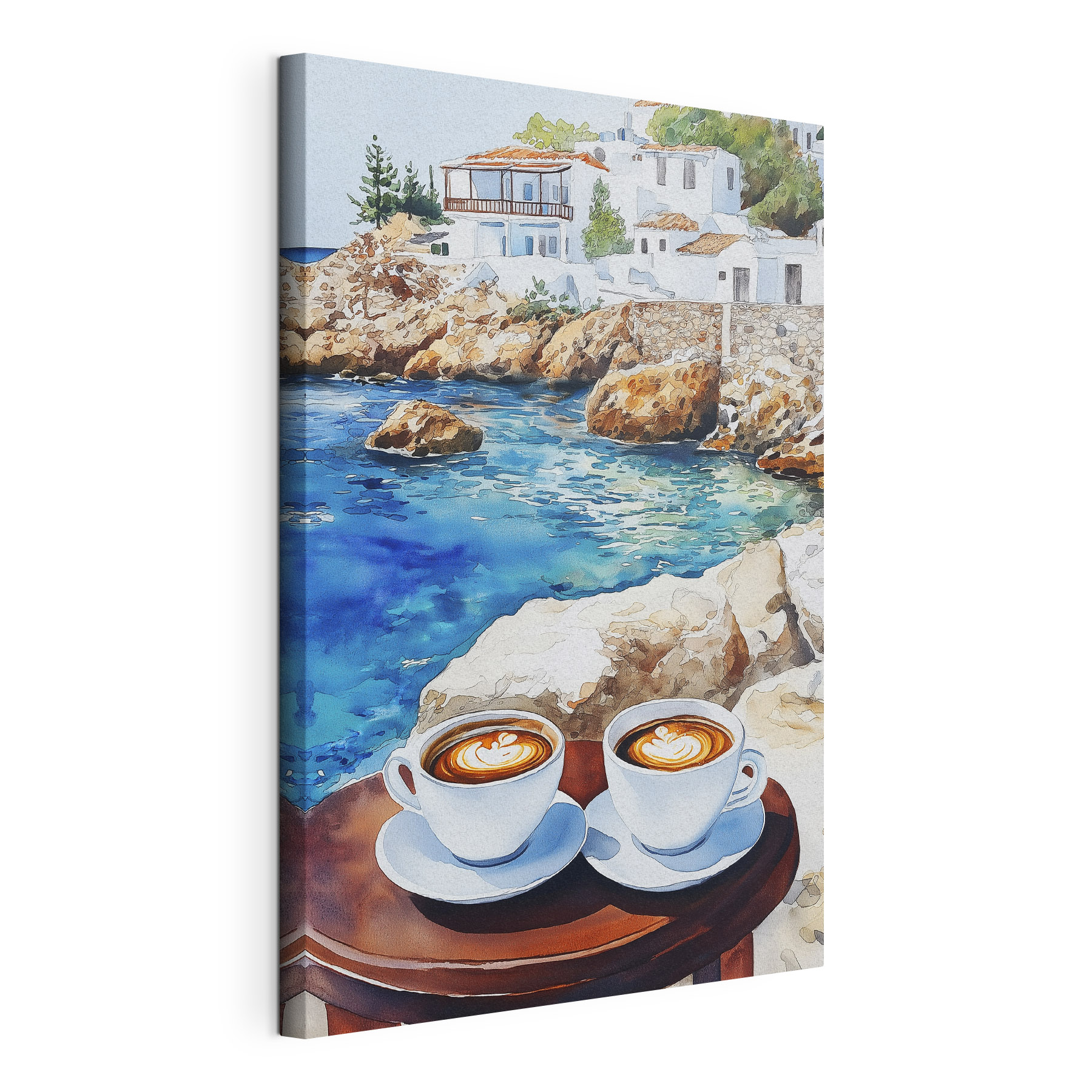 Two cups of coffee on a table next to a body of water