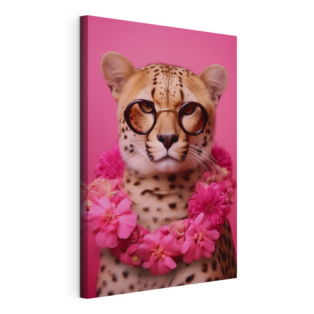 Leopard wearing glasses and a necklace of flowers