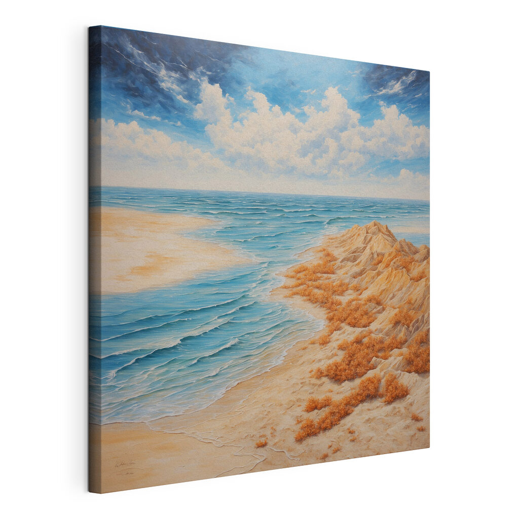 Painting of a beach with sand and water